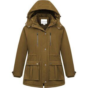 Women's Brown Waterproof Fleece Lined Detachable Hood Jacket Coat Winter Warm